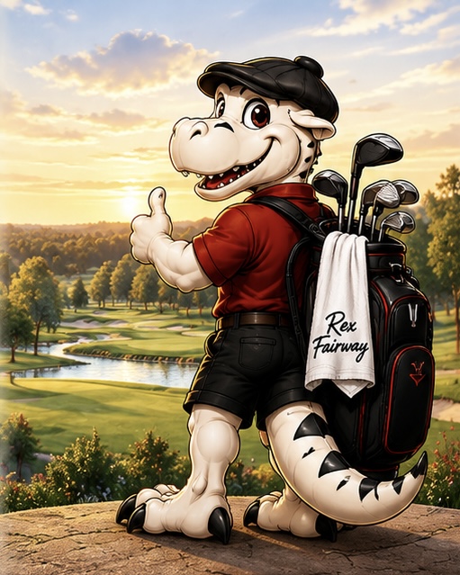 Rex Fairway giving a thumbs-up with his golf bag over his shoulder, overlooking a golf course at sunset